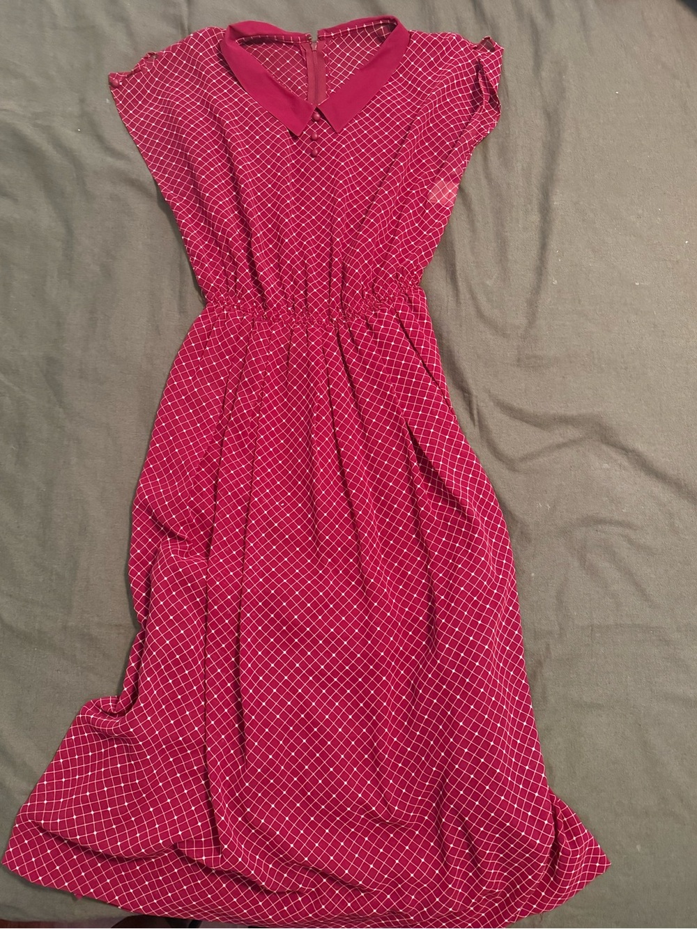 Red Collared Midi Dress with Diamond Grid